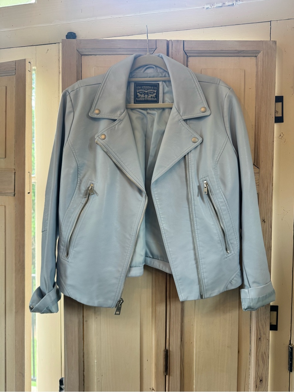 Levi's Pale Blue Leather Moto Jacket with Zip Details
